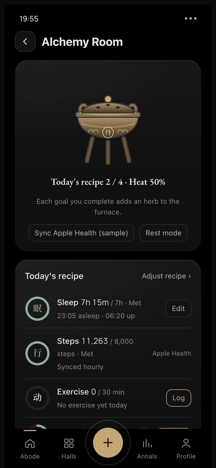 Alchemy Room: a bronze furnace and today's recipe of sleep, steps, exercise and water.