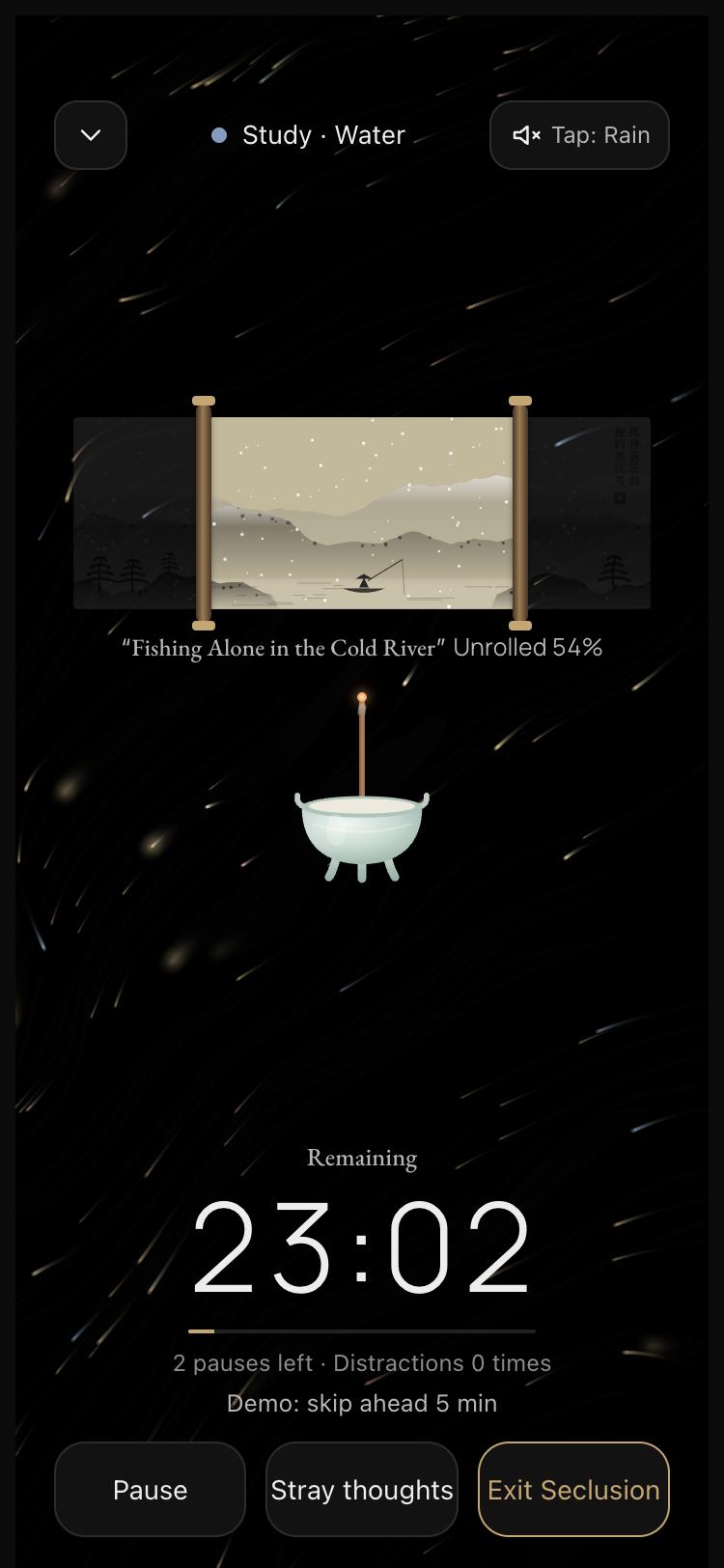 Seclusion: a painted scroll half unrolled above a celadon incense burner, with a countdown.