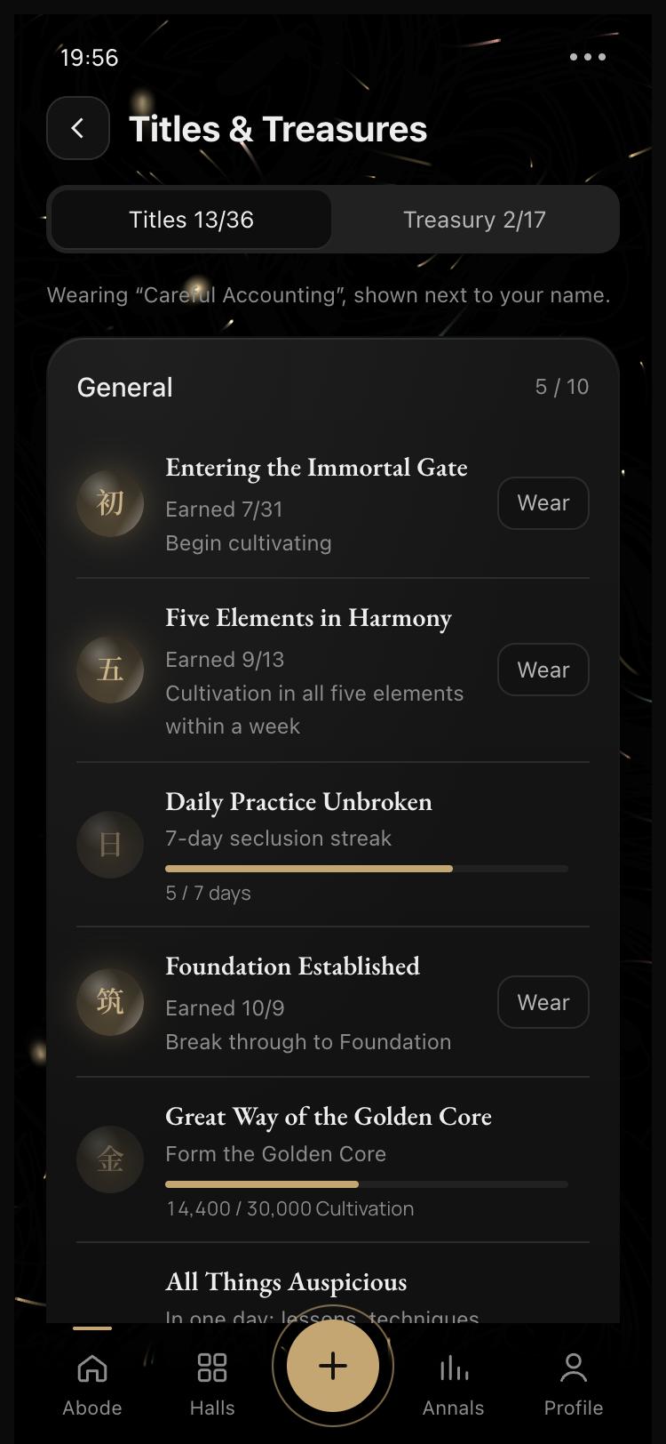 Titles list with gold seals: Entering the Immortal Gate, Foundation Established and more.